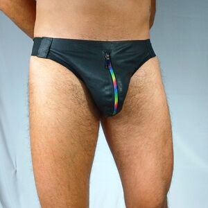 Men's Black Calf Leather Multi Color Zipper Jockstrap Size Xs-Xxxxl